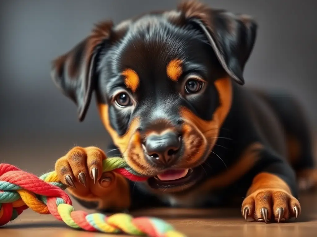 Foto realista de un cachorro de rottweiler jugando a la cuerda