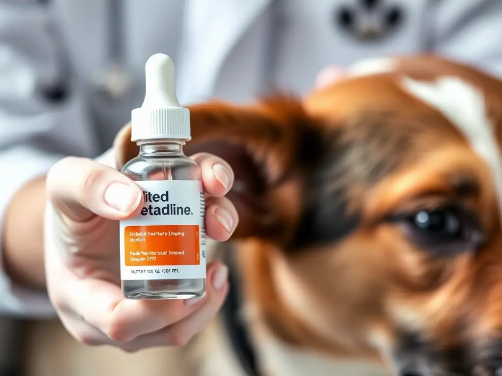 Foto realista de veterinario con solución Betadine en dropper, cerca el oído del perro