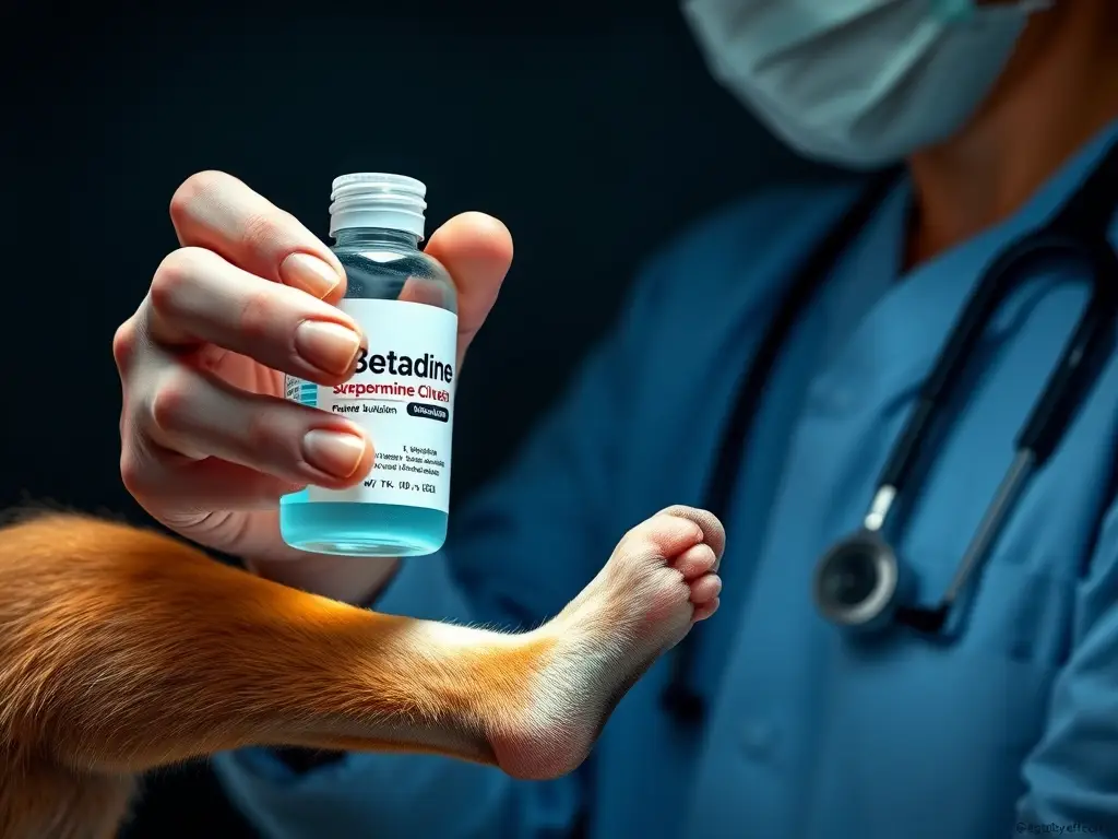 A photorealistic illustration of a vet examining a dogs foot with caution