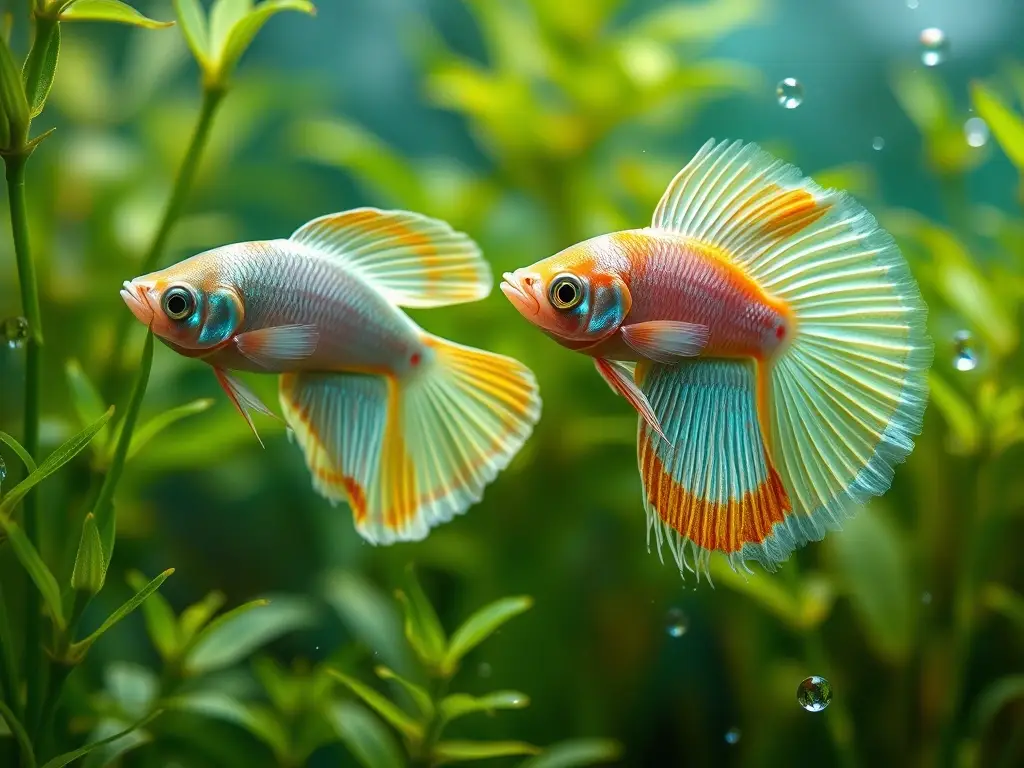 Betta juveniles nadan en acuario colorido