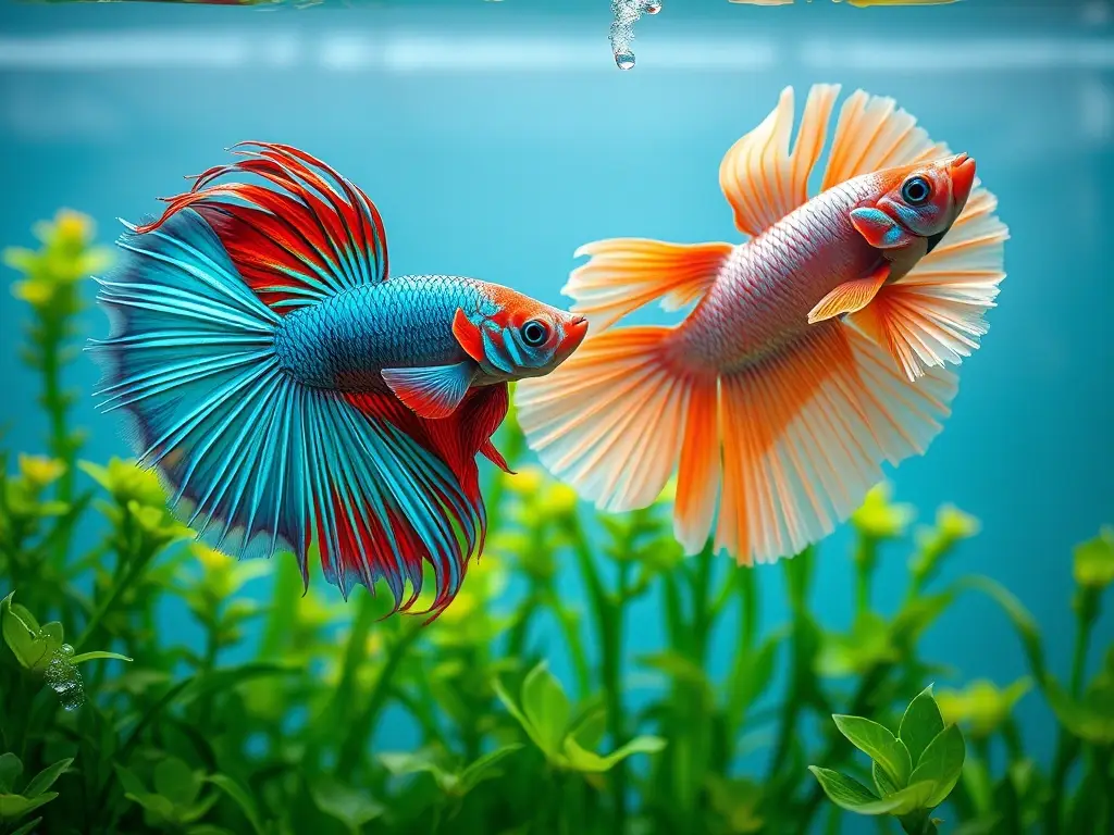 Betta macho y hembra en acuario claro