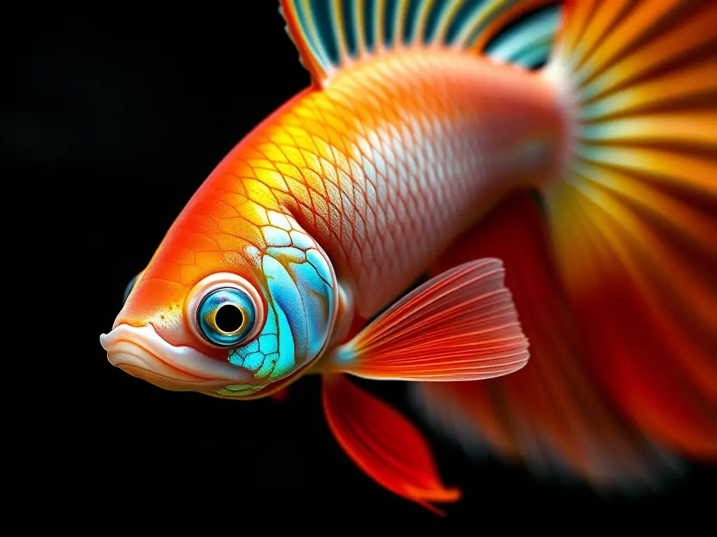 Foto realista y detallada de una betta con ovipositor iridiscente