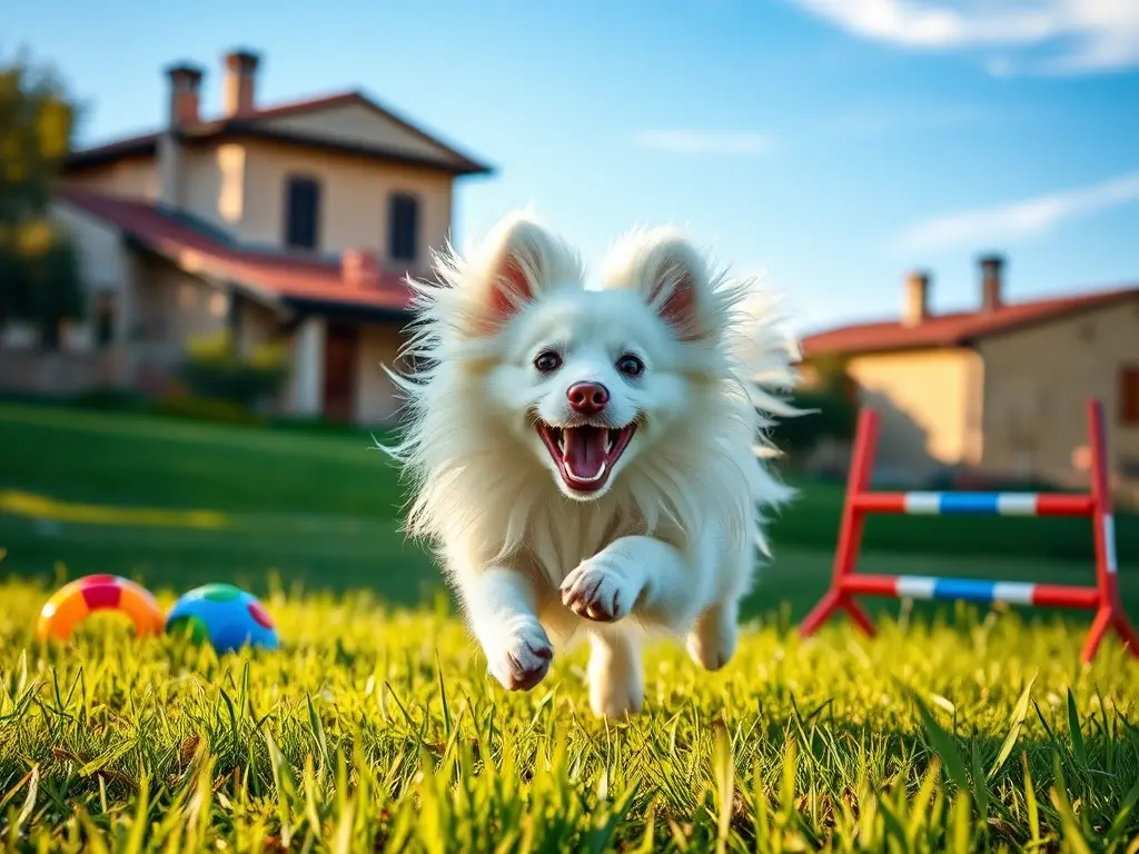 Bichón feliz salta sobre prado