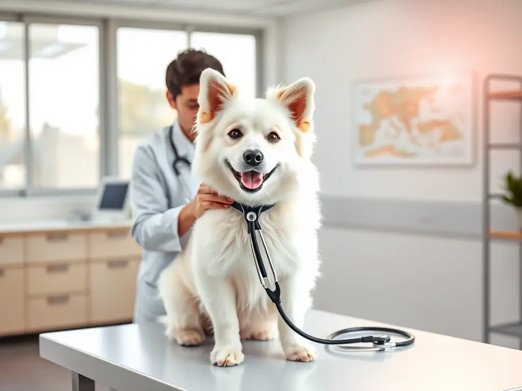Bichón blanco feliz con veterinario en clínica
