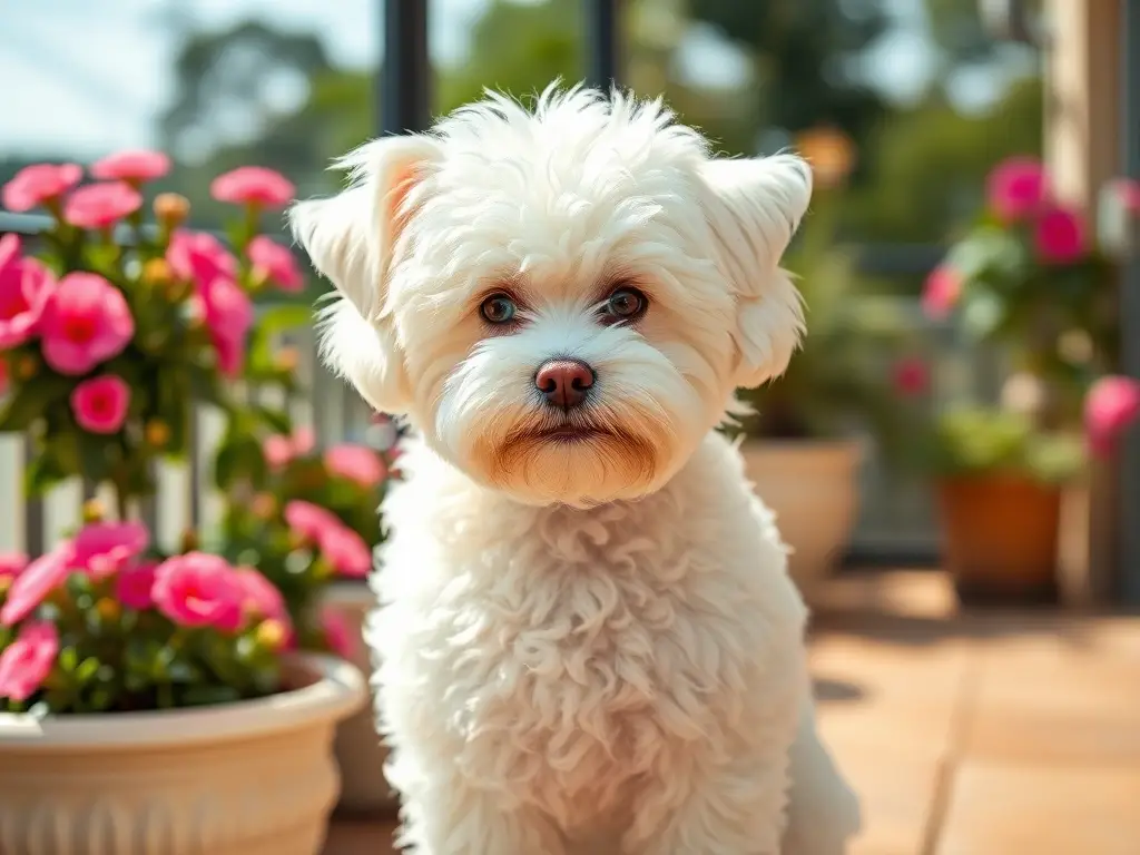 Fotografía realista de un bichón frisé con un paisaje natural