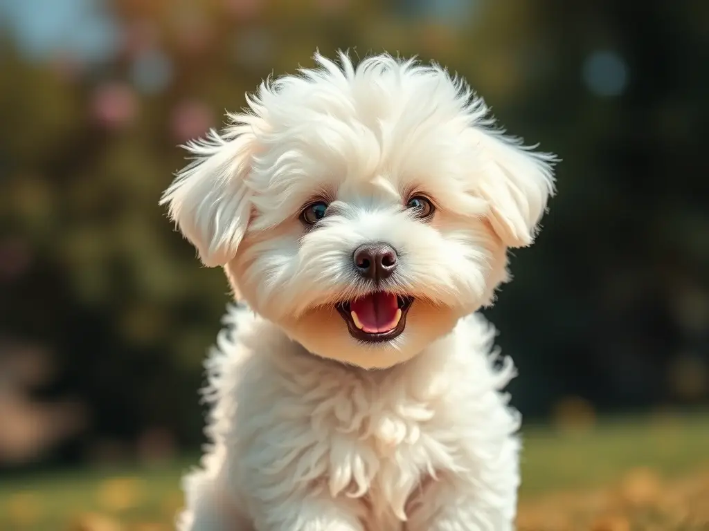 Imagen realista de un cachorro Bichon Frise feliz en un día soleado con ojos expresivos