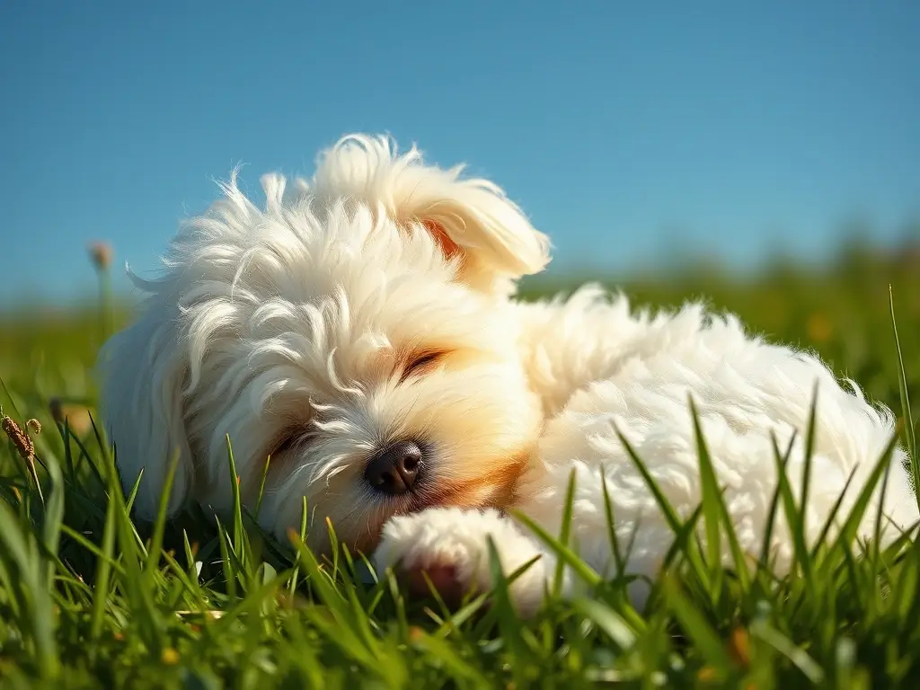 Es un retrato de un Bichon Frisé feliz en un prado al sol