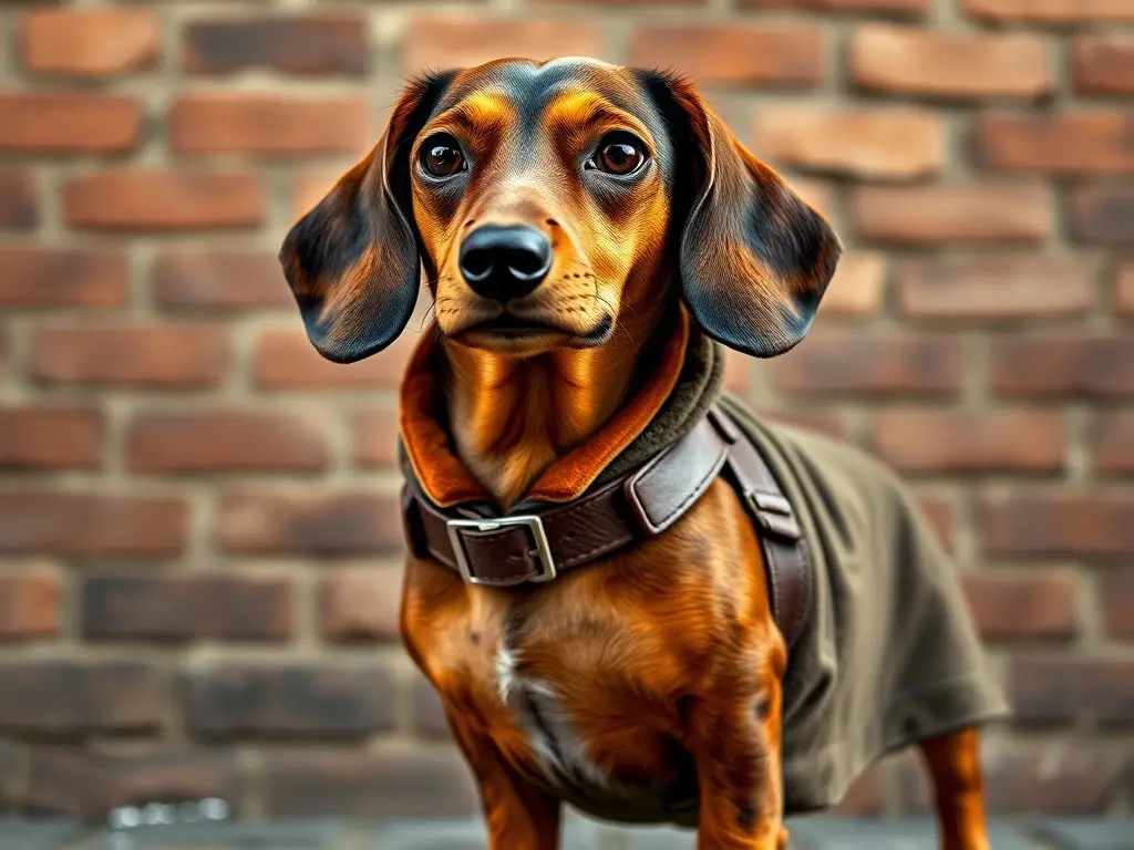 Fotorealista retrato de dachshund con arnés de cuero y pared de ladrillo