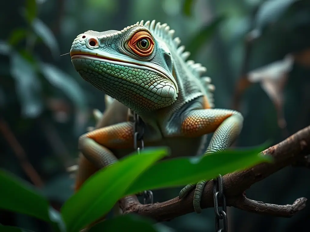 Imagen de iguana rescatada, realista, en 8k, con ojos esmeralda