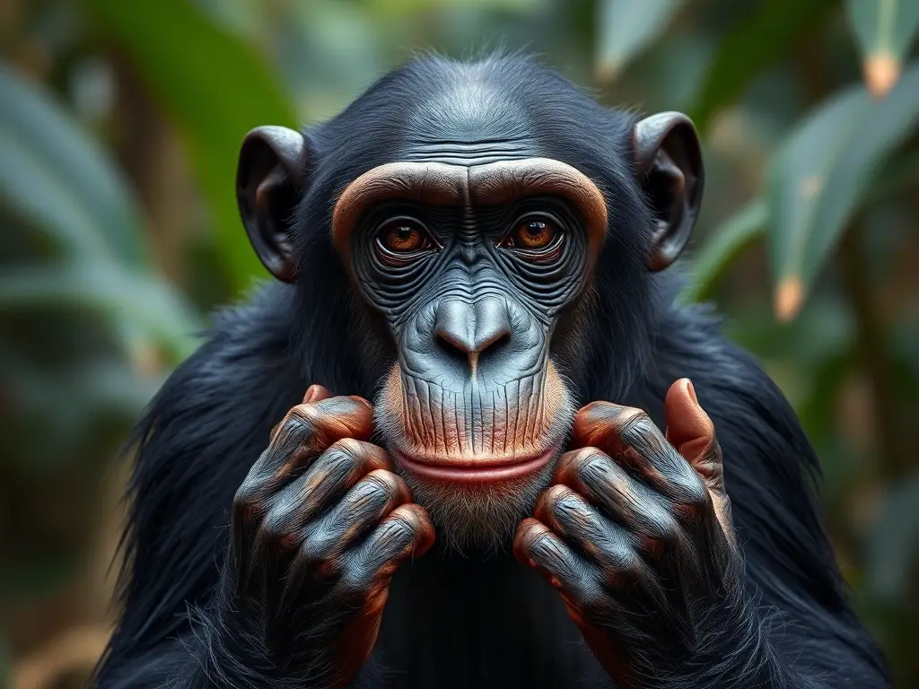 Fotografía realista de un chimpancé saludable en la selva tropical
