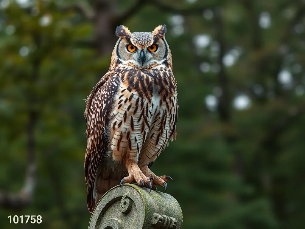 Fotografía realista de un búho real con plumaje detallado y ojos amarillentos