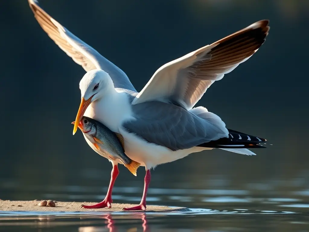 Foto realista de un halcón europeo comiéndo un pez en un lago
