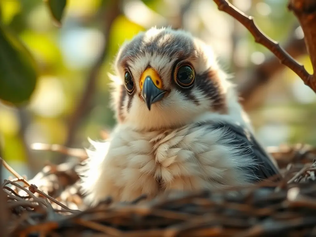 Un retrato de un halcón con plumas esponjadas, mirando con ojos brillantes