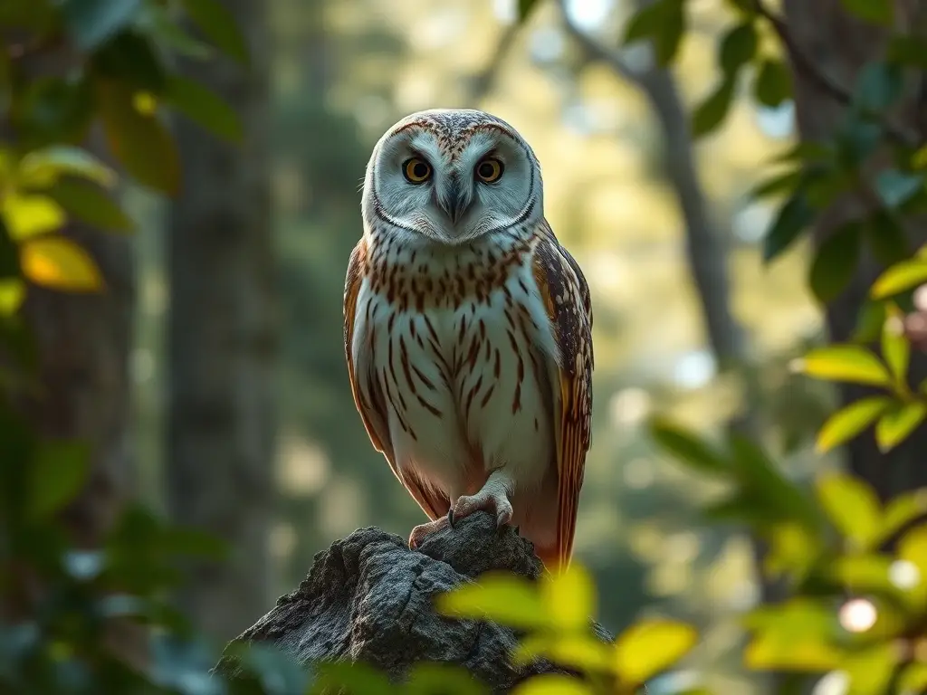 Fotomaestria realista de búho, en roca, bosque, con detalles