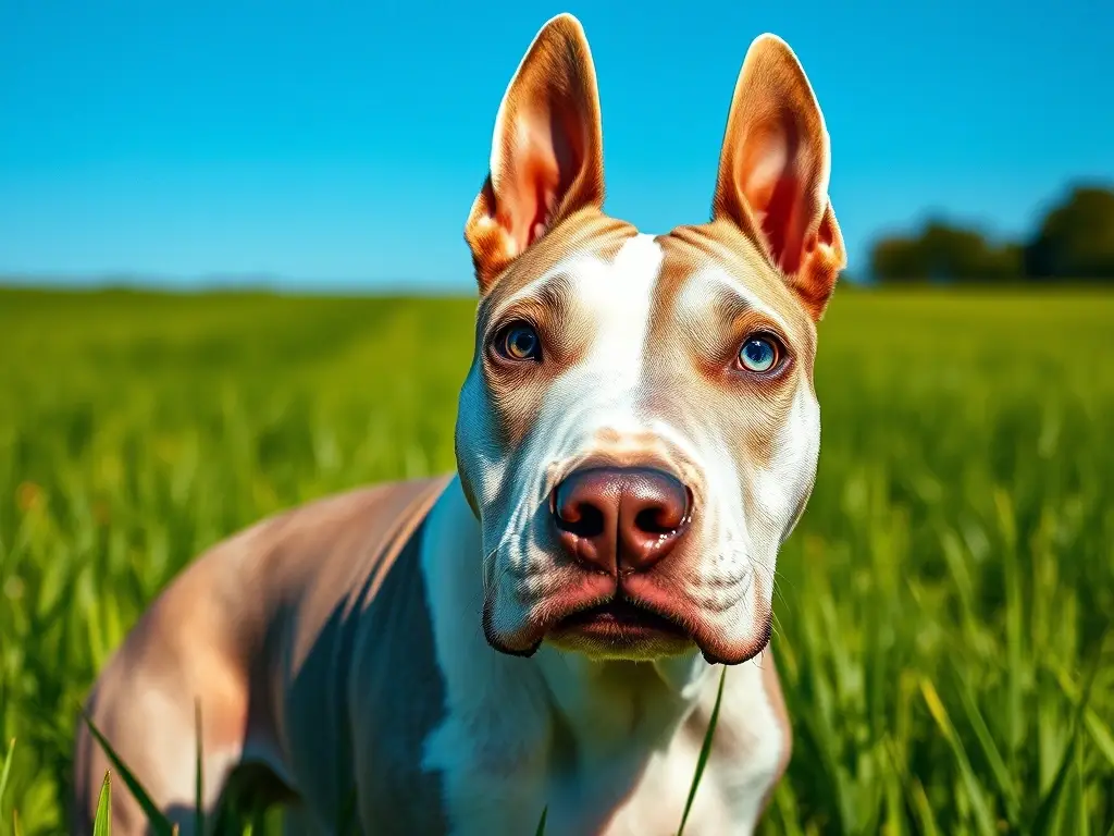 Un retrato fotográfico realista de un Bull Terrier con ojos azules penetrantes