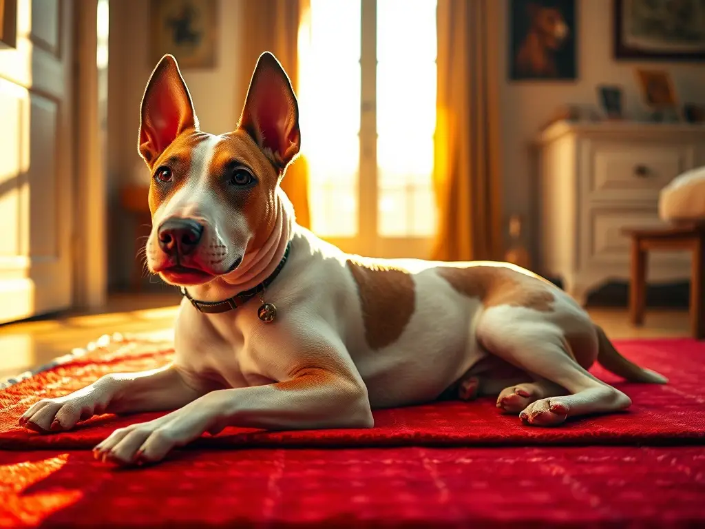 Foto realista de un Bull Terrier tranquilo en una habitación soleada