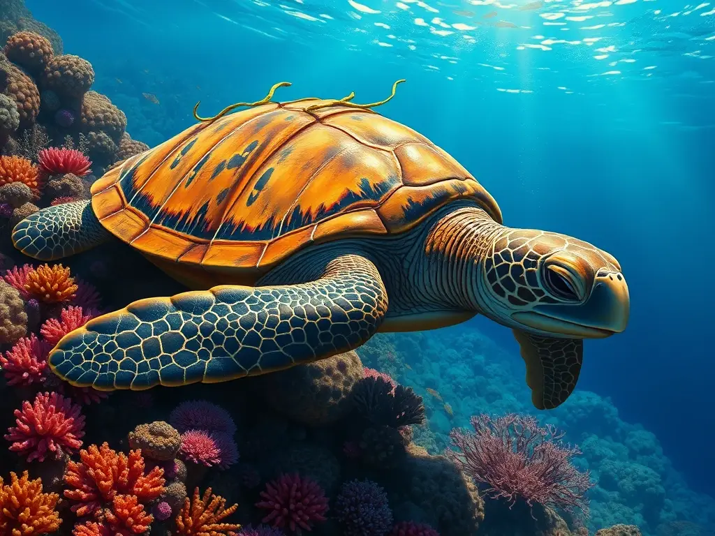 Pequeño dibujo de una tortuga gigante comiendo coral