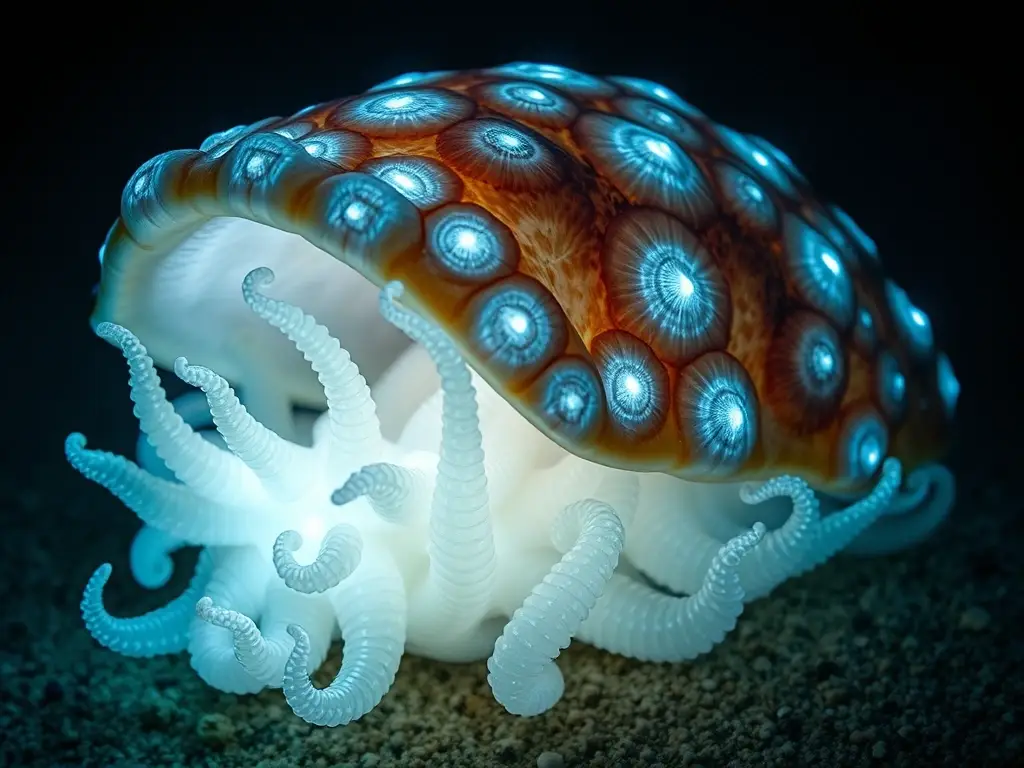 Foto realista de cangrejo de mar gigante, con tentáculos bioluminescentes