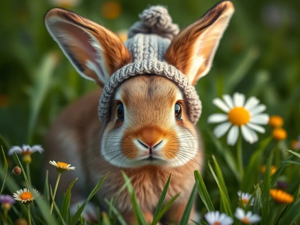 Photo de un conejo cabeza de León realista, con sombrero y hierba