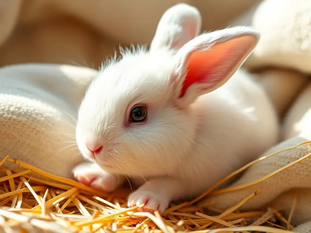 Fotografía realista de un conejo bebé con abrigo blanco, mirando inquisitivamente en un cama de heno