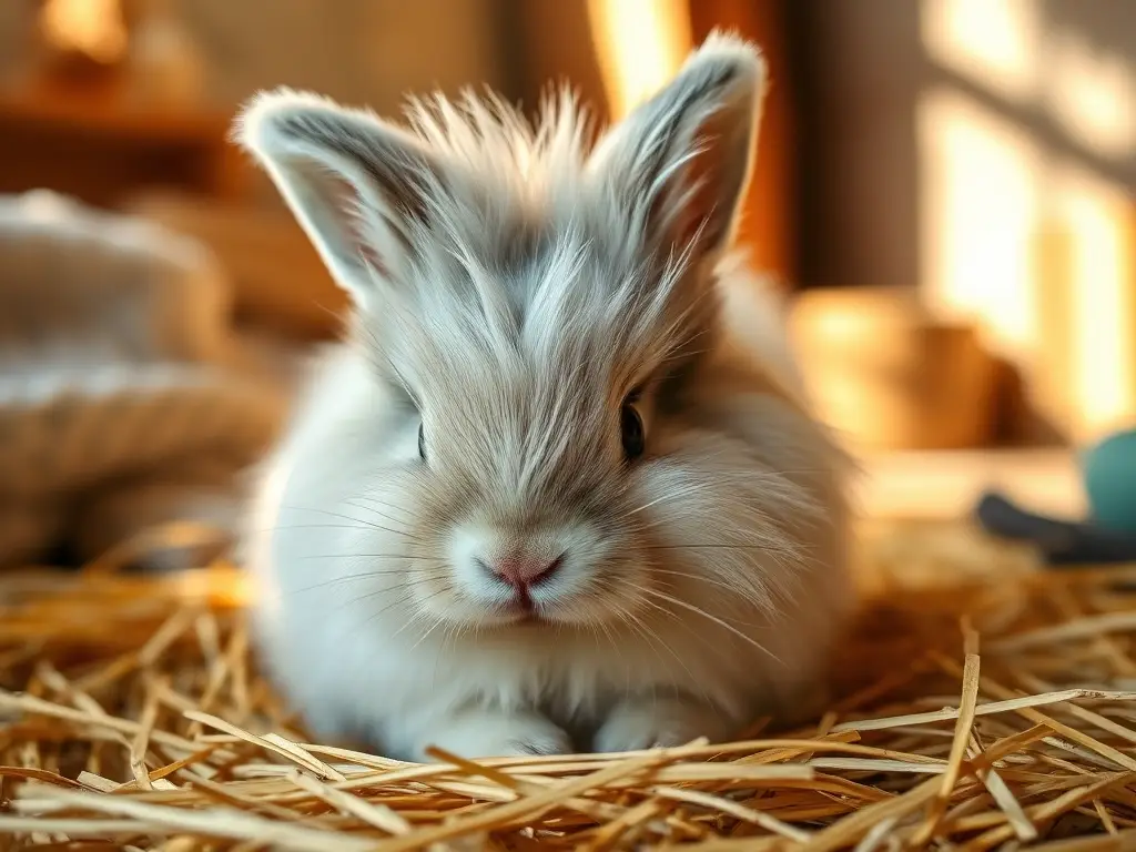 Retrato fotorrealista de conejo Lionhead sobre heno