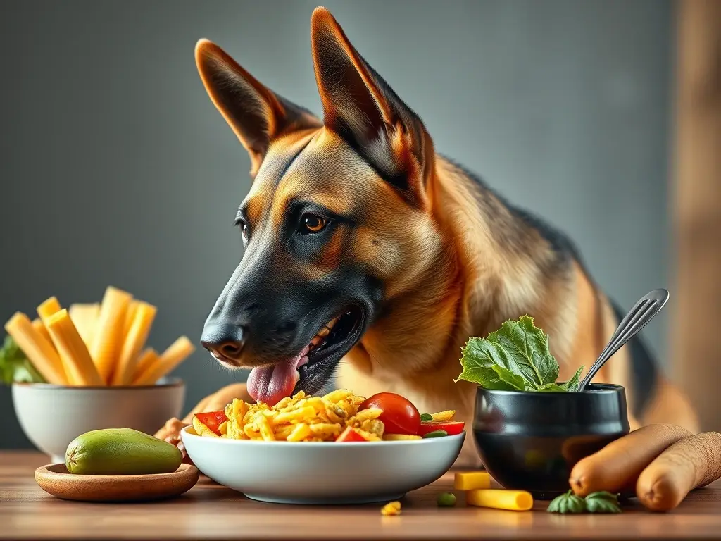 Foto realista de un Malinois sano comiendo una dieta balanceada