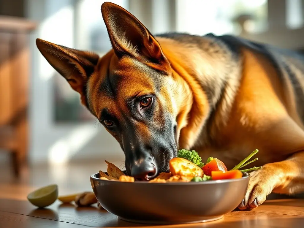 Fotografía de un canino labrador bien definido comiendo en interiores