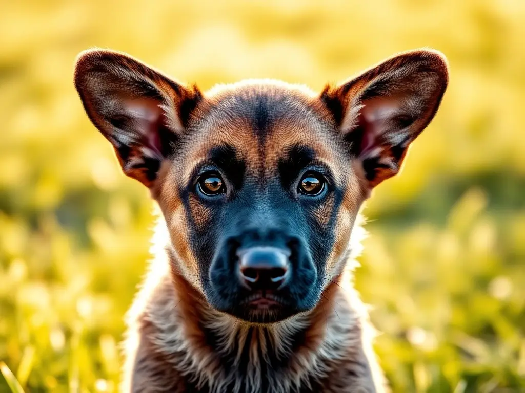 Fotografía hiperrealista de un cachorro de Malinois sano en un campo verde