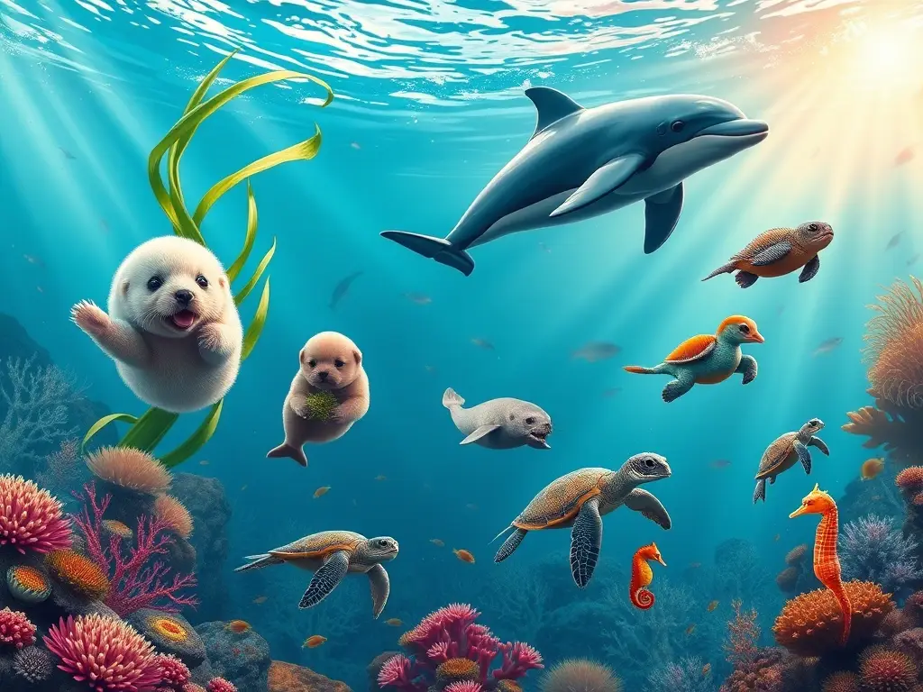 Cachorros marinos en vibrante arrecife submarino