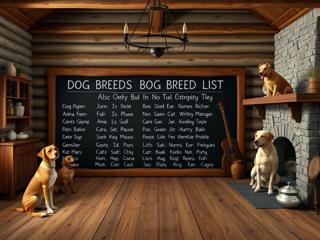 Fotografía realista de una casa rural vintage con un listado de razas de perros en chalk en unos tablones de madera