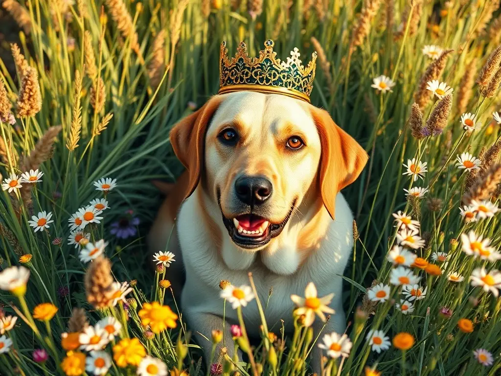 Foto de portada de libro realista de 8K: Labrador con corona en un campo de flores