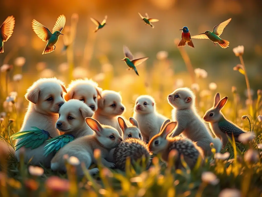 Adorables crías con plumas en prado dorado