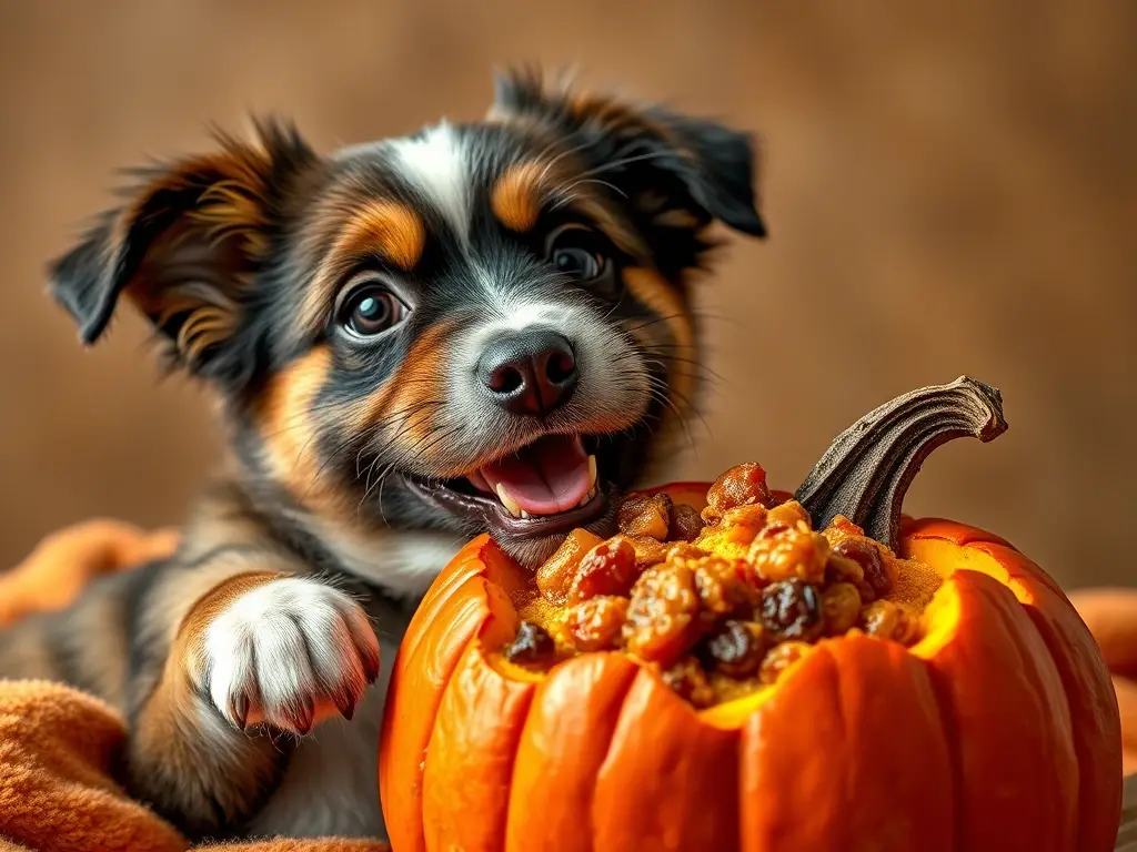 Un retrato realista de un perro con un pastel de calabaza de diseño artístico