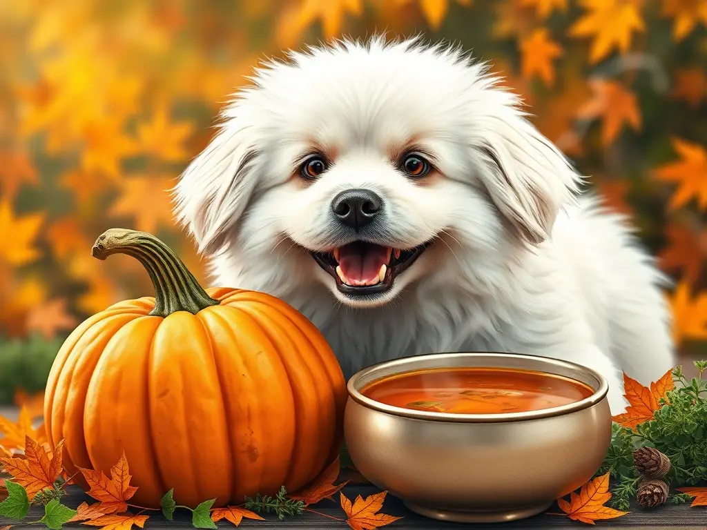 Una ilustración de un perro de aspecto saludable comiendo calabaza
