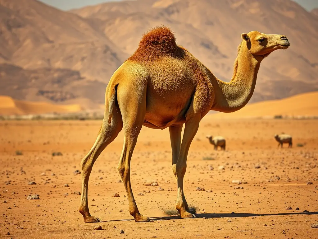 Un óleo realista de un camello en desierto, sin elementos negativos