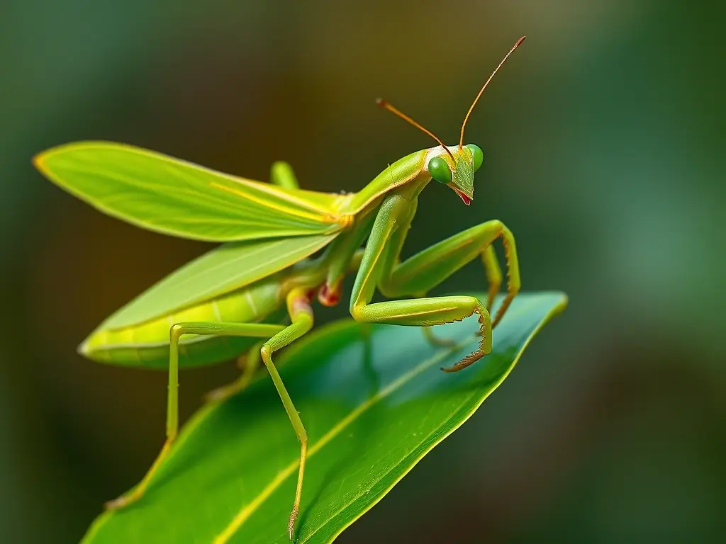Es una fotografía realística de un mantis religiosa