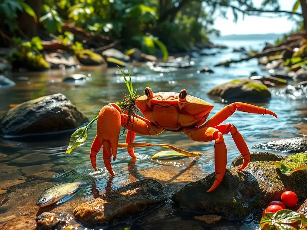 Cangrejo naranja camina entre río y bosque