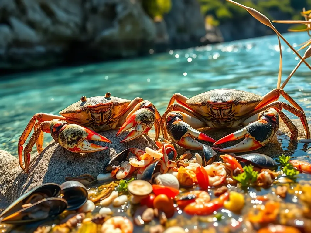 Dos cangrejos, mar y río, comida abundante