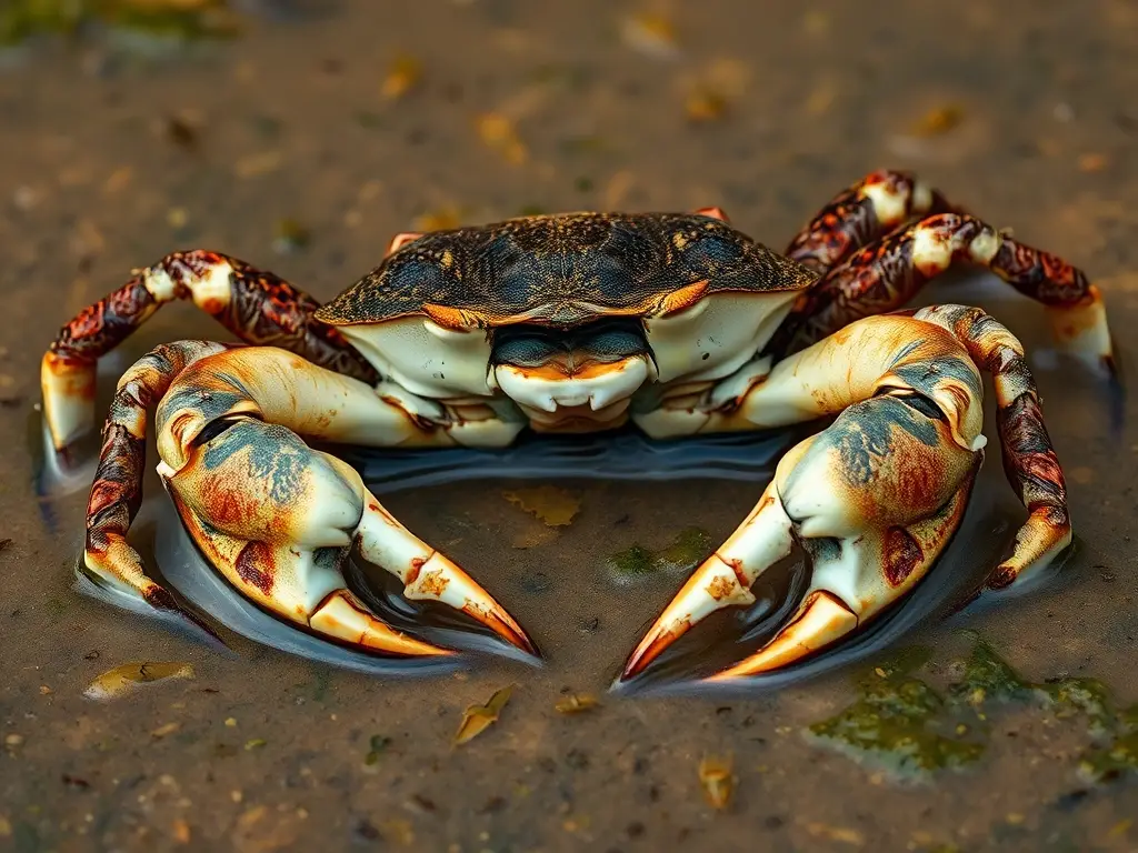 Foto realista de cangrejo sumergido en agua con insectos y algas