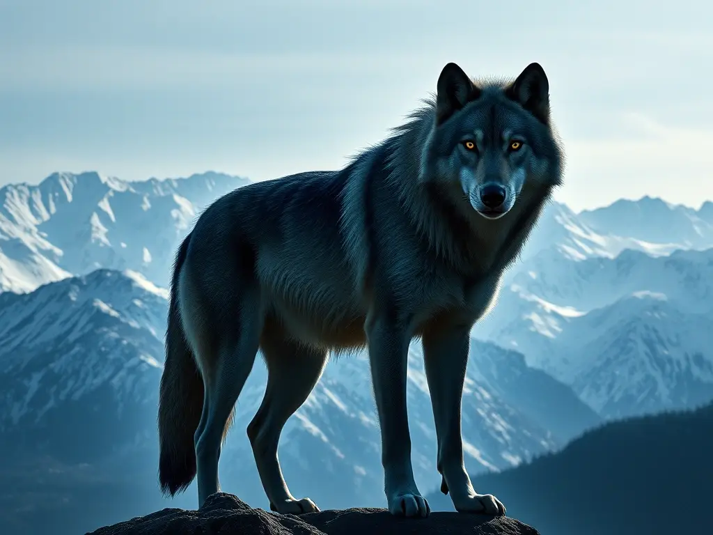 Foto realista de un lobo gris majestuoso con ojos amarillentos