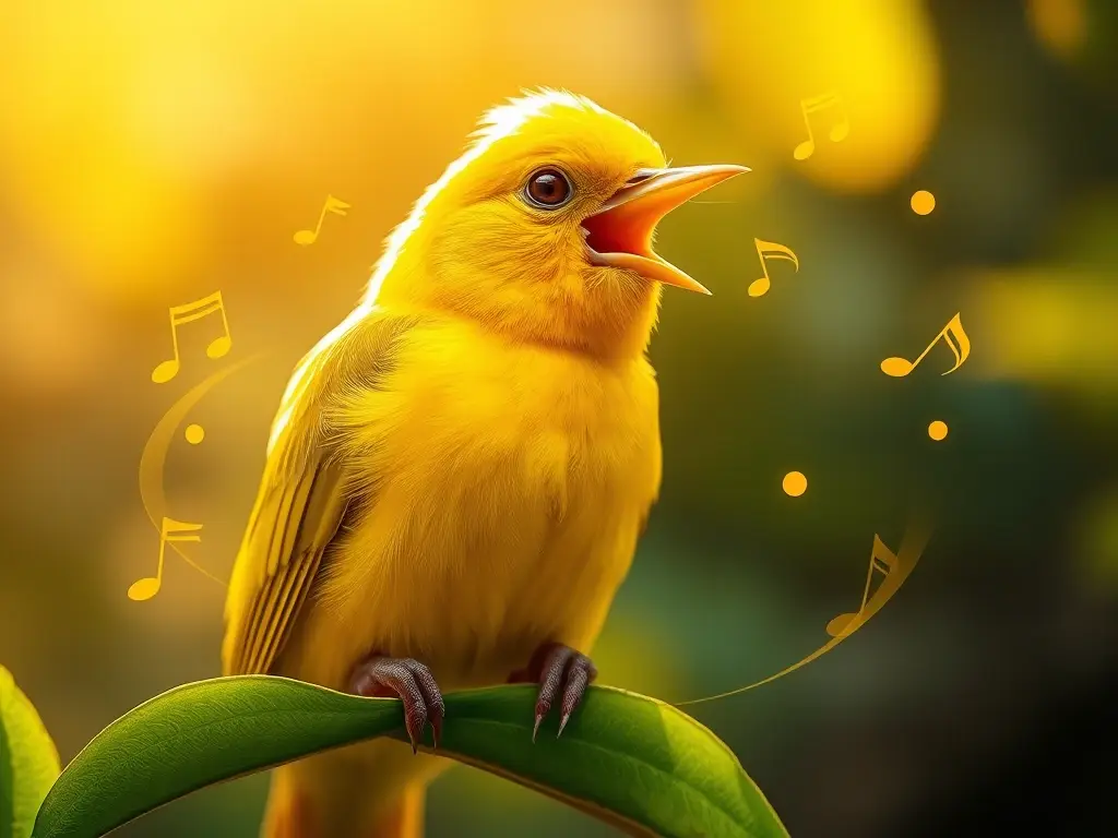 Canario amarillo cantando sobre hoja verde