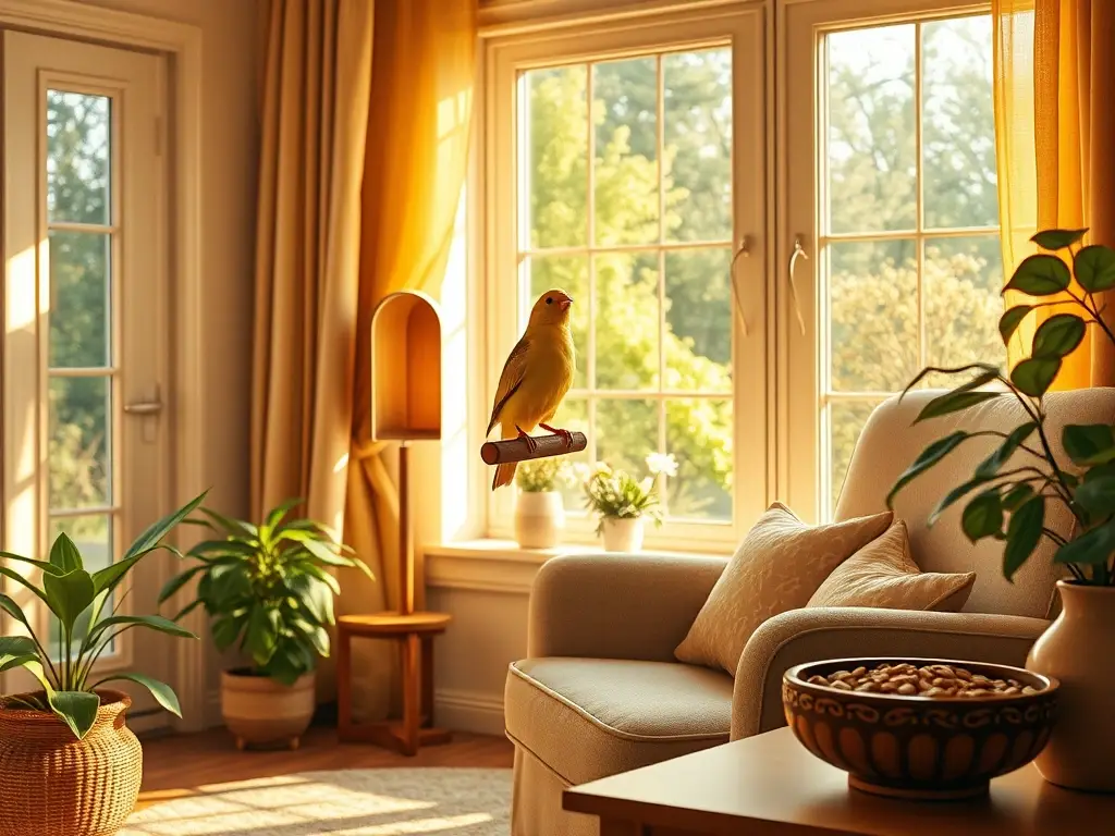 Sala soleada con canario cantando