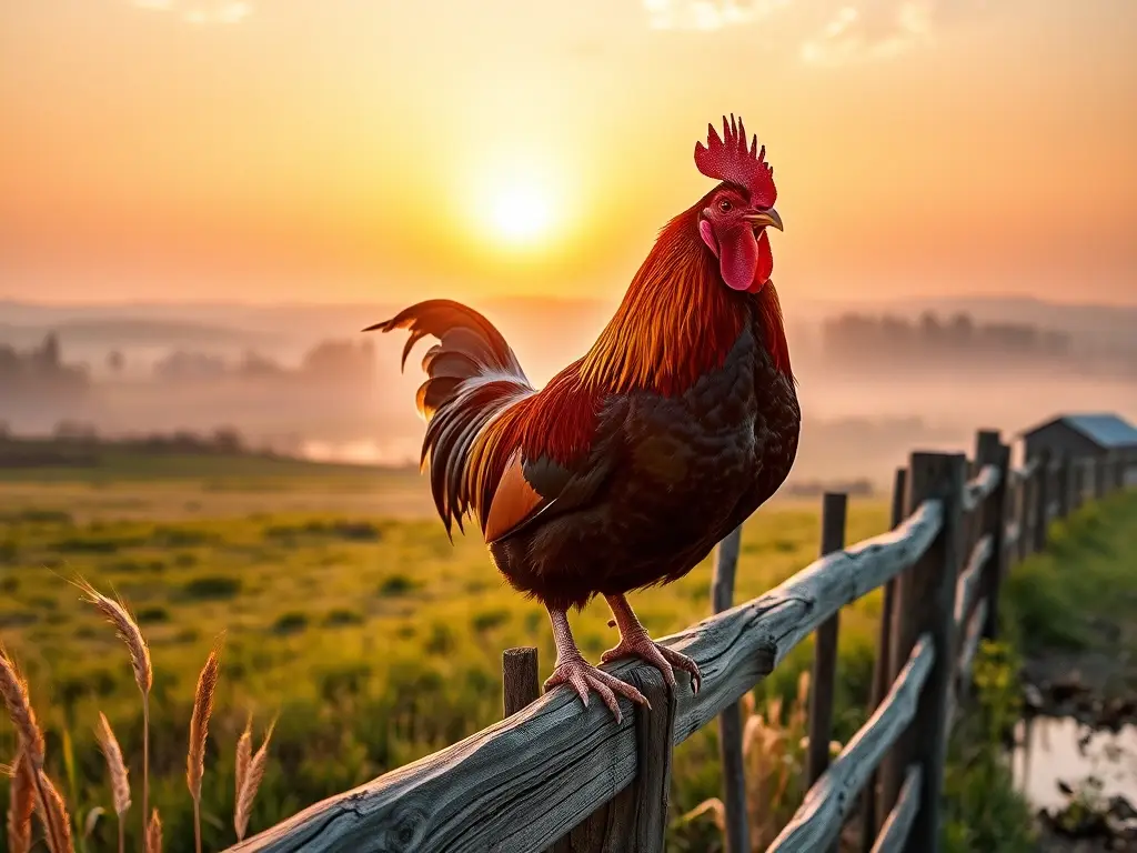 Gallo majestuoso al amanecer sobre cercado
