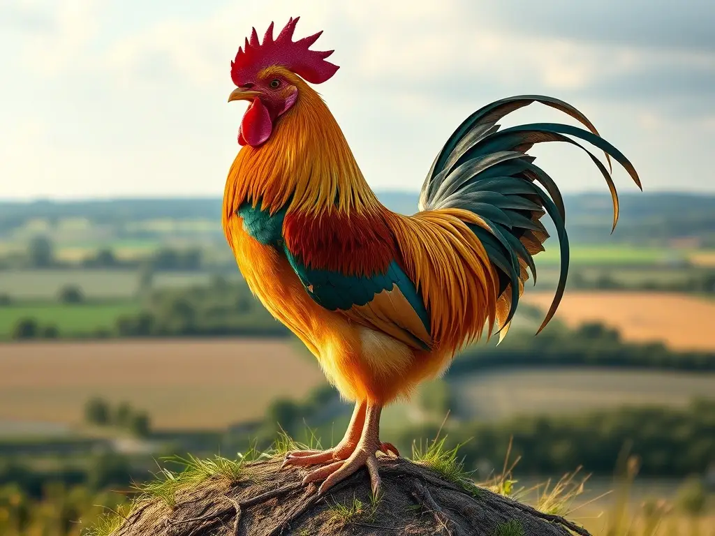 Foto realista de un gallo dorado con colores vibrantes