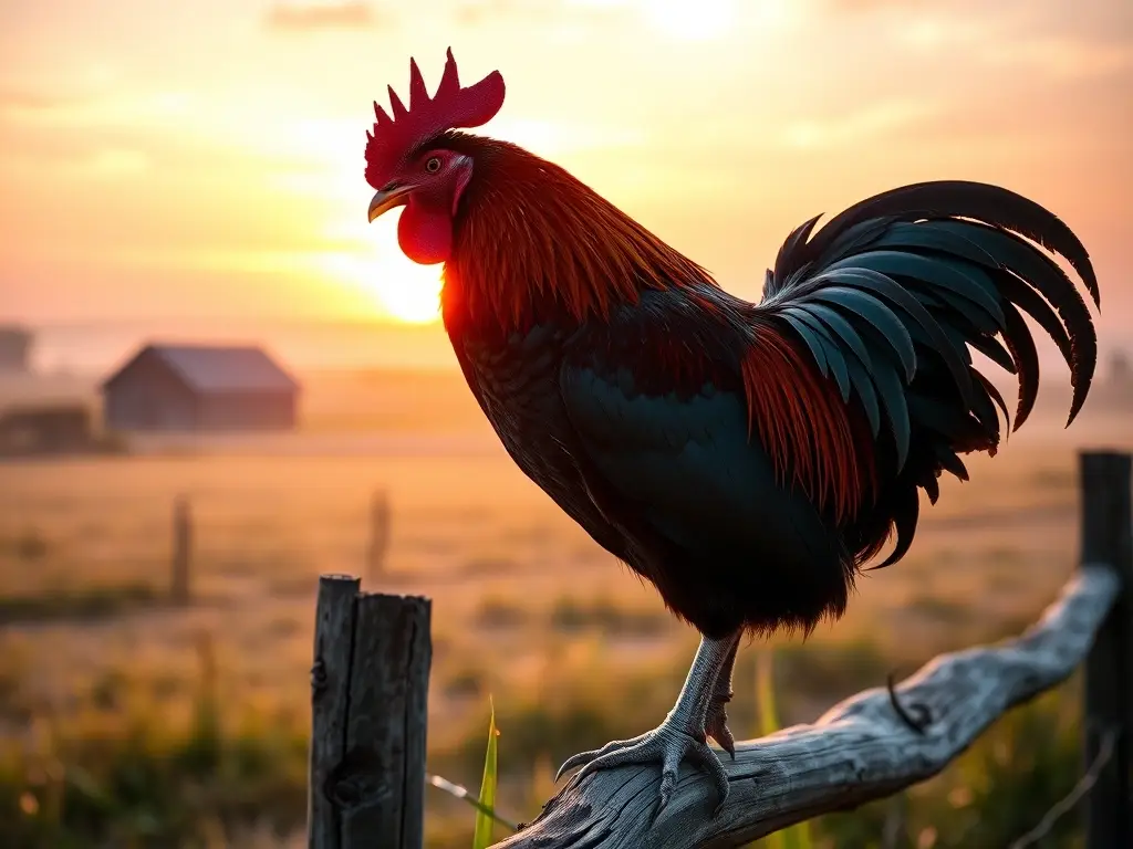 Gallo majestuoso canta al amanecer