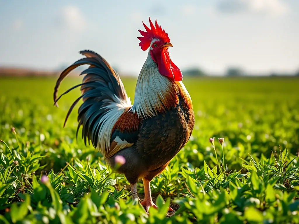 Un rooster en una granja verde