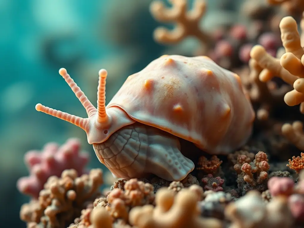 Ilustración realisticamente detallada de caracol de mar VIVOT en coral
