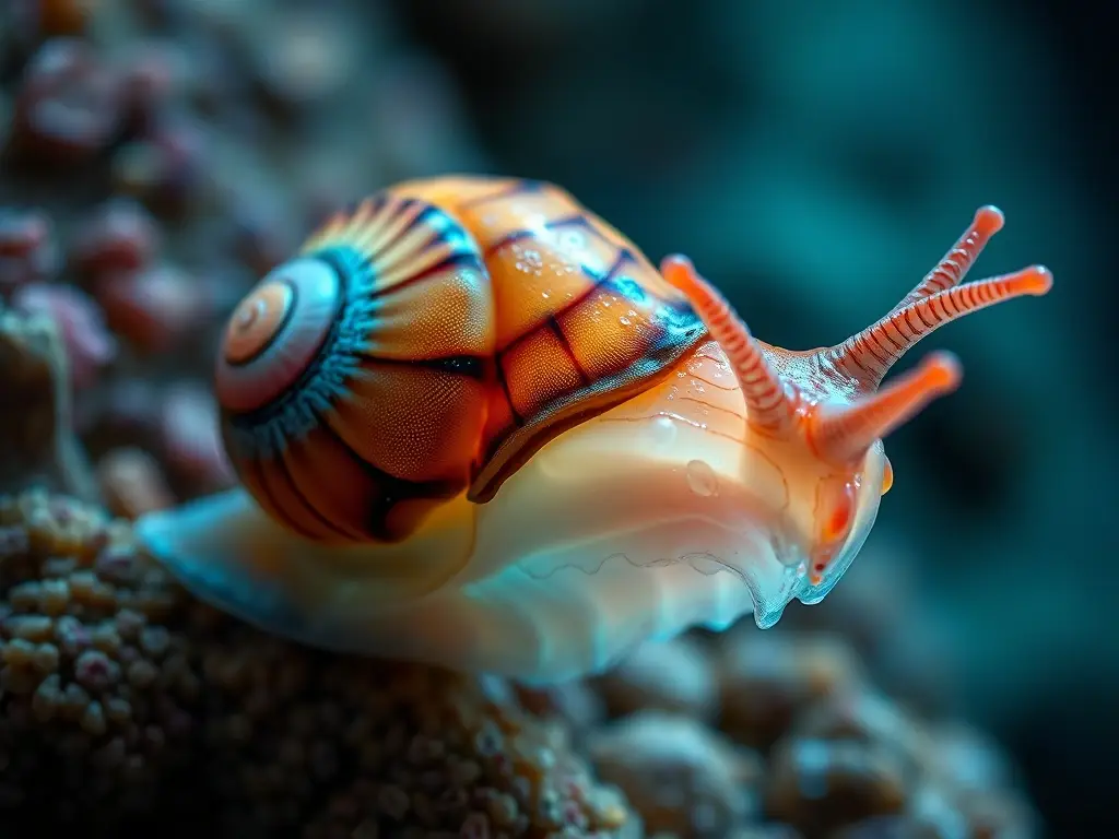 Fotografía realista de una concha marina viva, con detalles intrincados