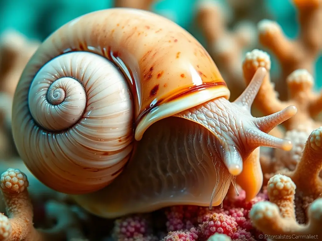 Fotografía realista de caracol marino, a escala gigante, con coral y agua turquesa