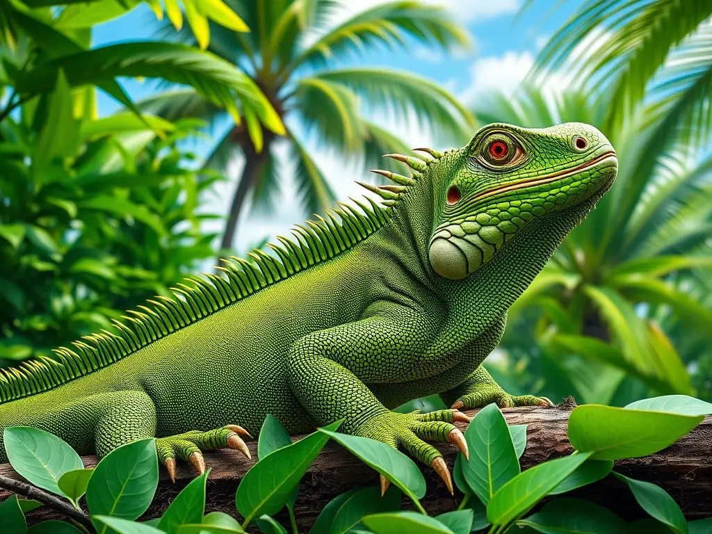 Fotografía realista de iguana verde relajante en un paisaje tropical vibrante
